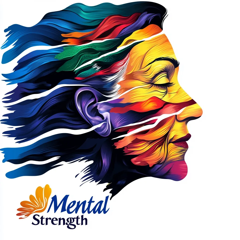 A vibrant, stylized profile of a woman's face is depicted, her hair flowing like colorful, dynamic brushstrokes.  The face is a mosaic of rich hues, suggesting layers of emotion and experience.  The artwork is titled "Mental Strength," implying resilience and inner fortitude. The image is bold and expressive, showcasing the complexity of the human psyche.
