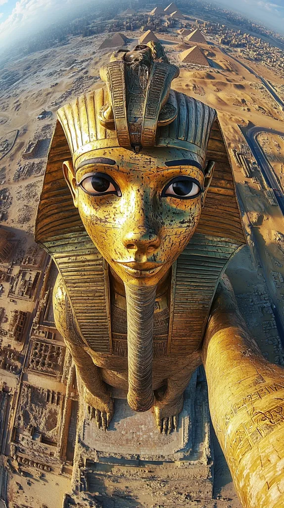 A breathtaking aerial perspective reveals a colossal golden statue of an Egyptian pharaoh, its intricate details sharply defined. The statue's imposing figure dominates the frame, with the Giza pyramids and surrounding desert landscape visible in the background.  The image creates a dramatic juxtaposition between the ancient monument and the vast, historical expanse it overlooks. The perspective is unique, simulating a selfie from the pharaoh's point of view.