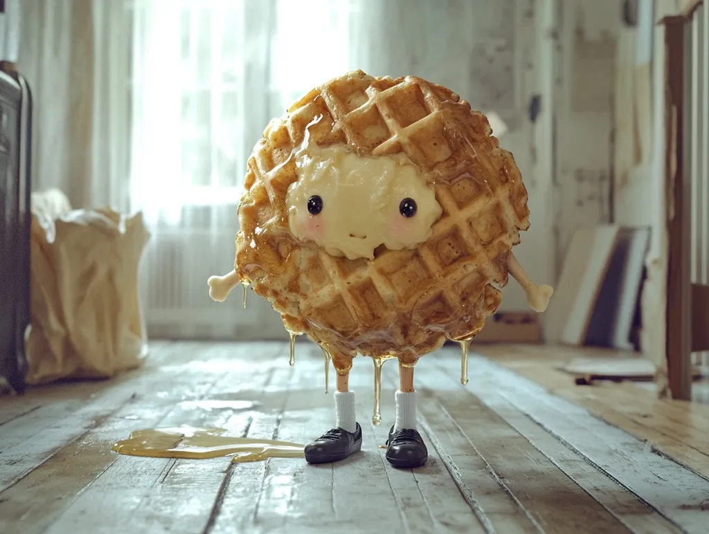 A whimsical 3D rendering depicts a waffle character.  The waffle, drizzled with syrup, forms the body, with small legs and shoes attached.  A cute face is nestled within the waffle squares. The character stands on a light wood floor, with a pool of syrup spreading from beneath it. The background suggests an empty, possibly abandoned, room. The overall tone is playful yet slightly melancholic.