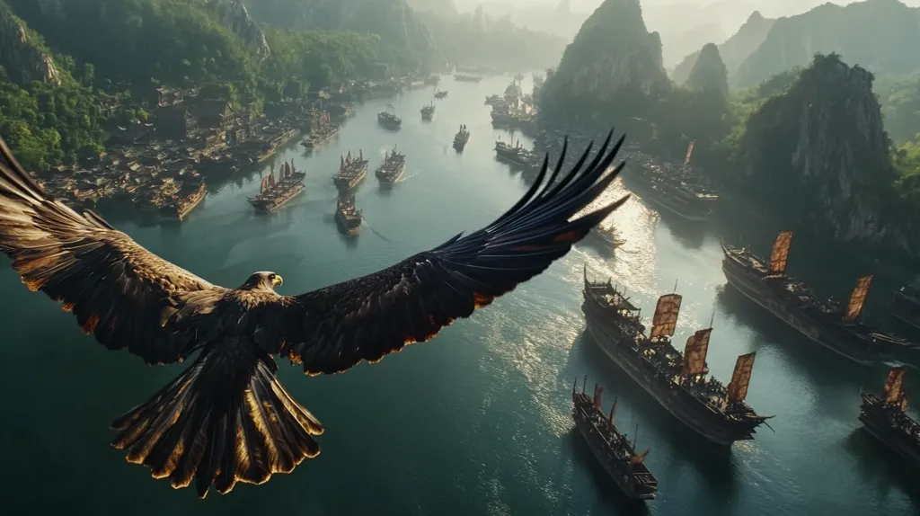 A majestic eagle soars above a breathtaking vista.  Below, a vast river winds through a dramatic landscape of towering karst mountains and ancient villages.  Numerous junks, traditional Chinese sailing vessels, navigate the waterway, creating a scene of both tranquility and grandeur. The eagle's perspective offers a unique and awe-inspiring view of this captivating scene.