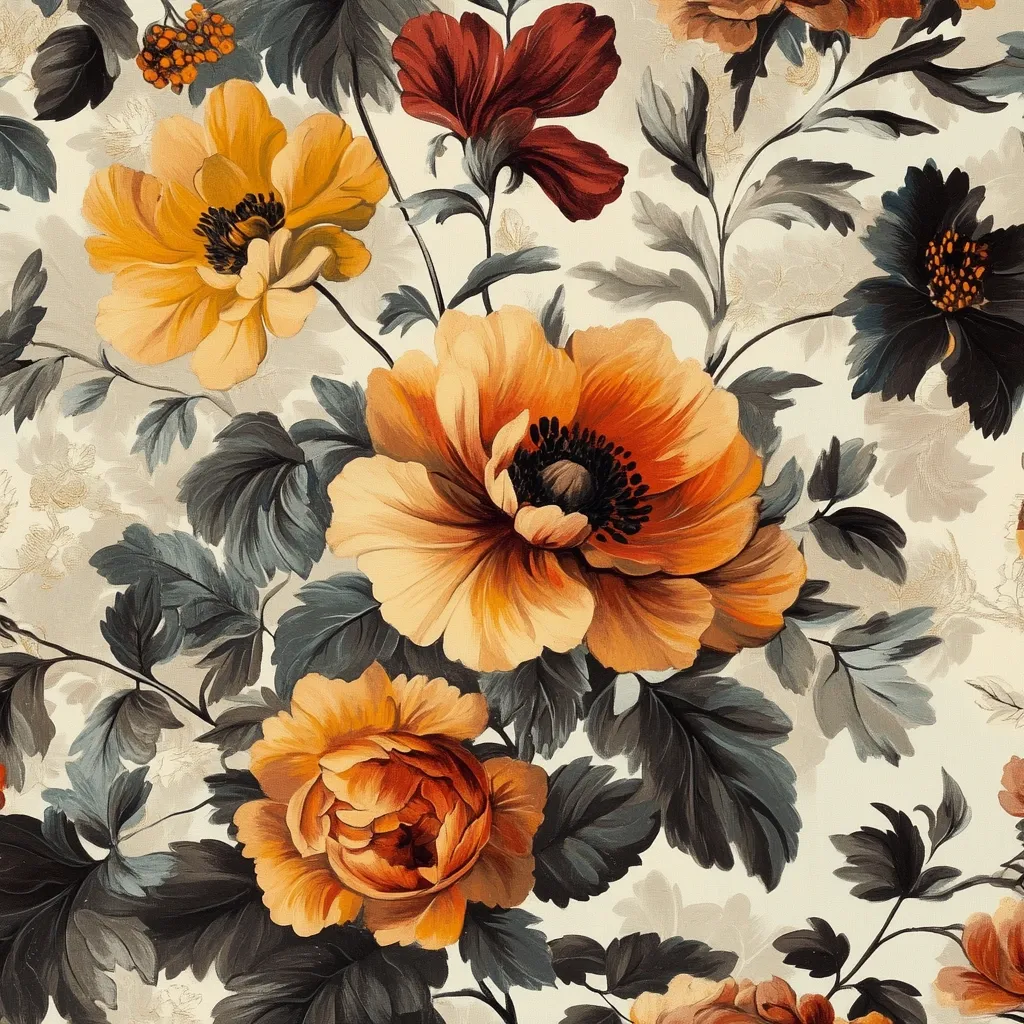 A vibrant floral pattern showcases large, richly colored blooms in shades of burnt orange, golden yellow, and deep red.  Dark gray-green foliage provides a striking contrast against a creamy off-white background.  The flowers appear painted with a painterly style, emphasizing texture and depth, creating a luxurious, vintage aesthetic.  Smaller, darker flowers add detail to the overall composition.