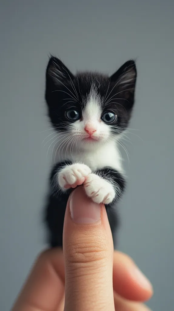A tiny tuxedo kitten, predominantly black with white chest and paws, sits perched on a person's thumb.  Its large, expressive blue eyes gaze directly at the camera. The kitten's paws are neatly folded, and its overall appearance is one of adorable vulnerability. The background is a simple, blurred gray.