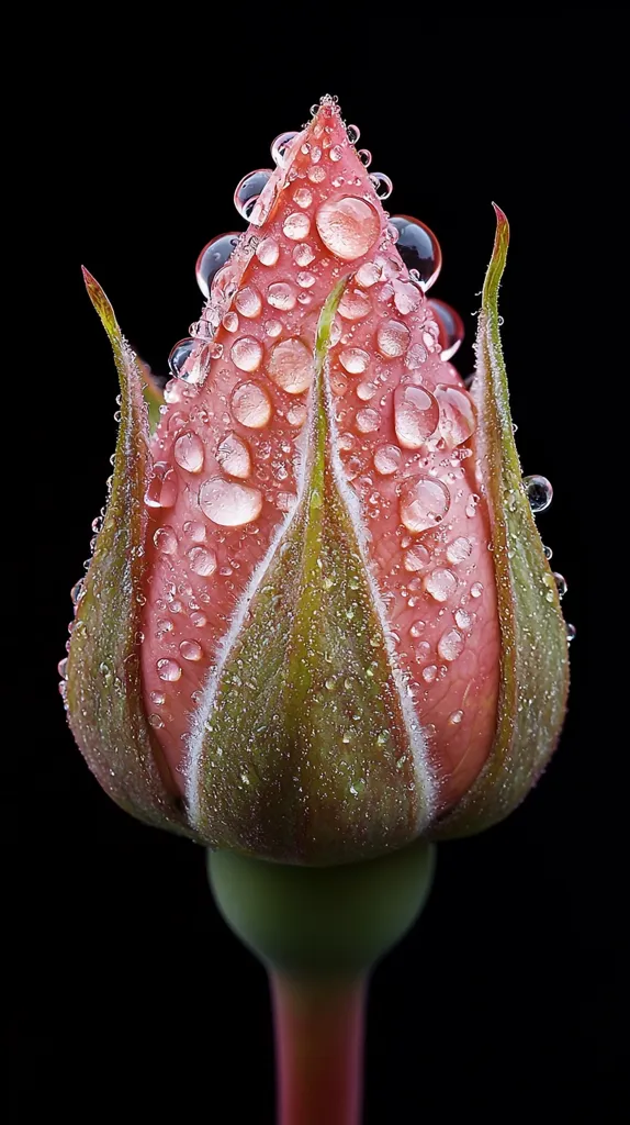A close-up shot reveals a rosebud, delicately adorned with numerous water droplets clinging to its petals. The bud's soft pink hue is accentuated by the glistening drops, creating a striking contrast against the deep black background.  The image showcases the intricate details of the rosebud's texture and the captivating play of light on the water droplets.  The focus is sharp, highlighting the exquisite beauty of this floral detail.