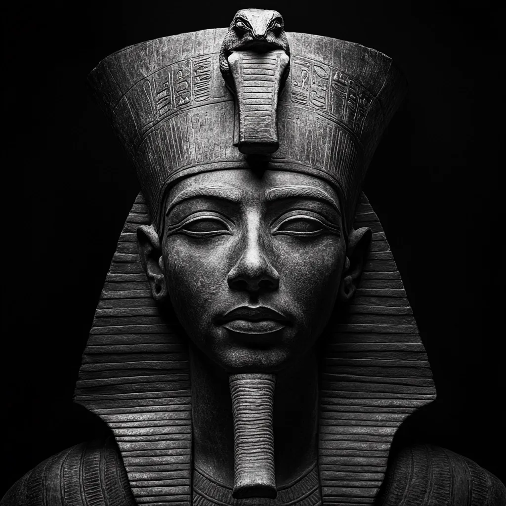 A striking monochrome close-up captures a statue of an Egyptian pharaoh, adorned with a headdress featuring a cobra.  The pharaoh's face is serene, his eyes closed in a contemplative pose.  The intricate details of the headdress and the textured stone are highlighted by dramatic lighting against a black background, creating a powerful and timeless image.  The overall effect is one of majesty and ancient mystery.