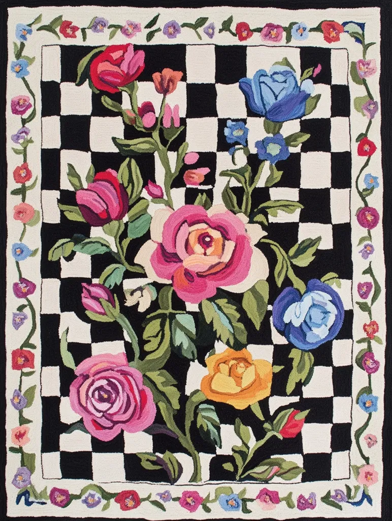 A hand-tufted rug features a whimsical floral design.  Vibrant roses in pink, yellow, and blue are artistically arranged on a black and white checkered background.  A delicate border of smaller flowers frames the central floral motif. The rug displays a folk-art style with bold colors and a playful pattern, perfect for adding a touch of whimsy to any room.