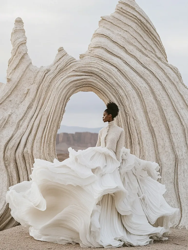 A model in a voluminous, off-white gown stands before a dramatic, sculpted rock formation. The dress's fabric billows dramatically, mimicking the texture of the stone.  The scene is minimalistic, with muted colors and a focus on the interplay of the dress and the natural landscape, creating a striking visual contrast. The model's dark hair and poised posture add to the elegant aesthetic.