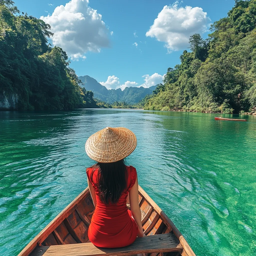 A woman in a red dress and conical hat sits in a wooden boat on a tranquil emerald river. Lush green mountains rise on either side, framing the serene scene under a bright, partly cloudy sky.  The calm water reflects the sunlight, creating a picturesque and peaceful atmosphere. A small distant boat adds to the tranquil setting.