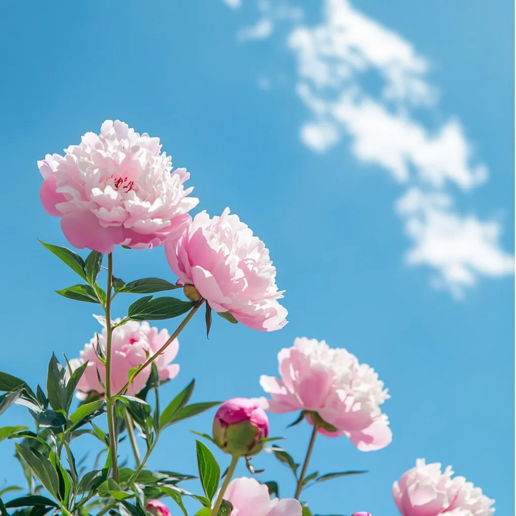 Several pale pink peonies bloom against a vibrant blue sky dotted with fluffy white clouds.  The flowers are in various stages of bloom, some fully open, others still budding.  Green leaves surround the stems, creating a lively contrast against the bright sky.  The image evokes a feeling of springtime freshness and beauty.