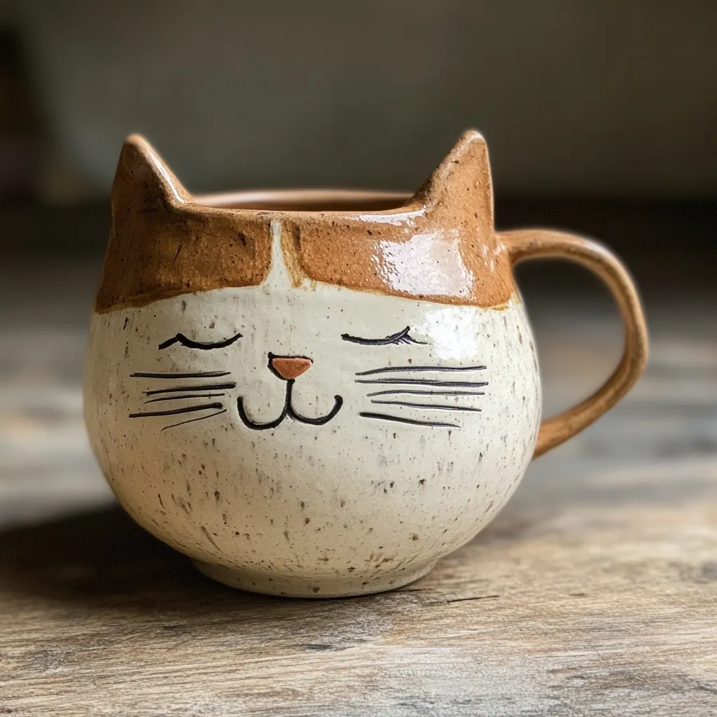 A handmade ceramic mug shaped like a cat sits on a wooden surface.  The mug is off-white with speckled detailing and features a tan cat face with closed eyes and whiskers. The ears are upright, and the mug has a comfortable handle. The overall style is rustic and charming.