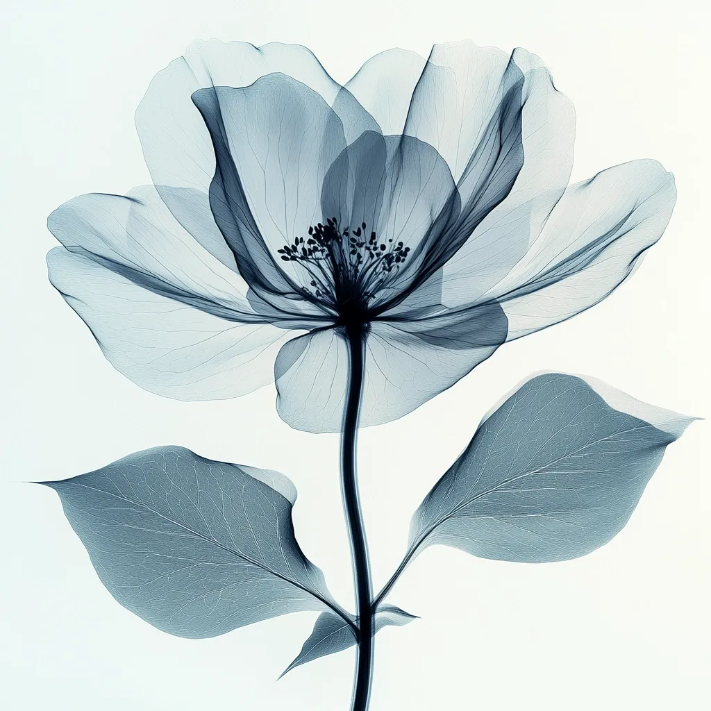 A stunning x-ray image reveals the delicate structure of a flower.  Its petals, stem, and leaves are rendered in shades of blue, showcasing the intricate network of veins within. The image creates a ghostly, ethereal effect, highlighting the flower's internal beauty and fragility. The contrasting tones against the white background enhance the overall aesthetic appeal.