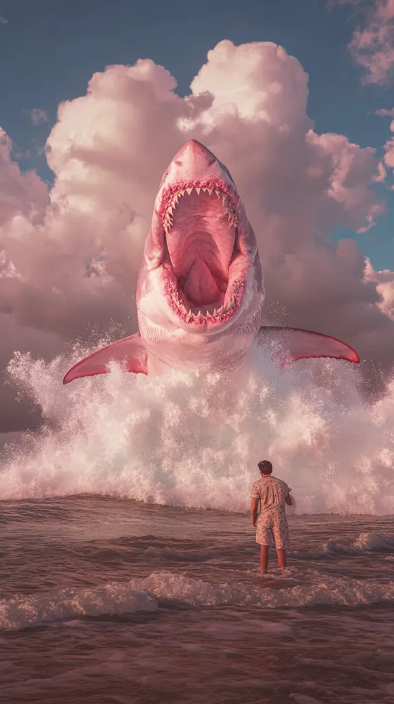 A surreal image depicts a colossal, pink great white shark leaping from the ocean waves. Its massive jaws are agape, creating a dramatic contrast against a serene, cloudy sky.  A lone person, small in scale compared to the shark, stands in the shallows, facing the monstrous creature. The overall tone is dreamlike and slightly ominous, with a pastel color palette dominating the scene.