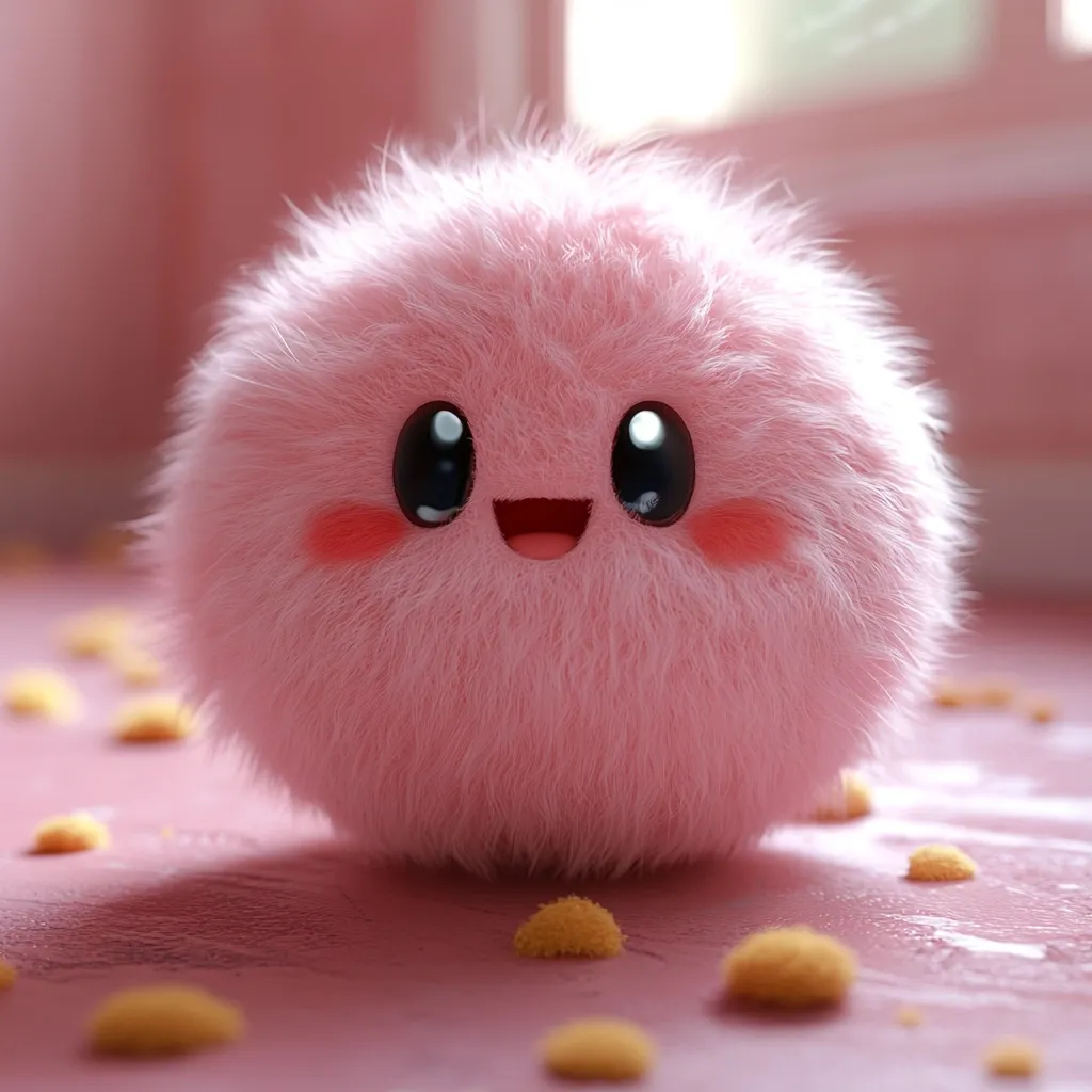 A fluffy, pink, spherical creature with large, expressive eyes and a cheerful smile sits on a pale pink surface scattered with small, yellow, textured dots.  The creature's fur is incredibly soft-looking, giving it a cuddly appearance. The overall aesthetic is cute and whimsical.
