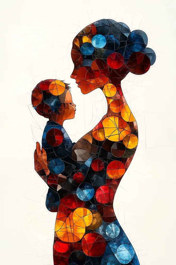 A stylized portrait depicts a mother cradling her infant child.  Rendered in a vibrant mosaic of red, orange, blue, and dark tones, the figures are composed of overlapping circles and geometric shapes, creating a textured and expressive effect.  The mother's profile and the child's face are gently turned towards each other, suggesting a tender moment of connection. The artwork's bold colors and abstract forms convey a sense of warmth and intimacy.