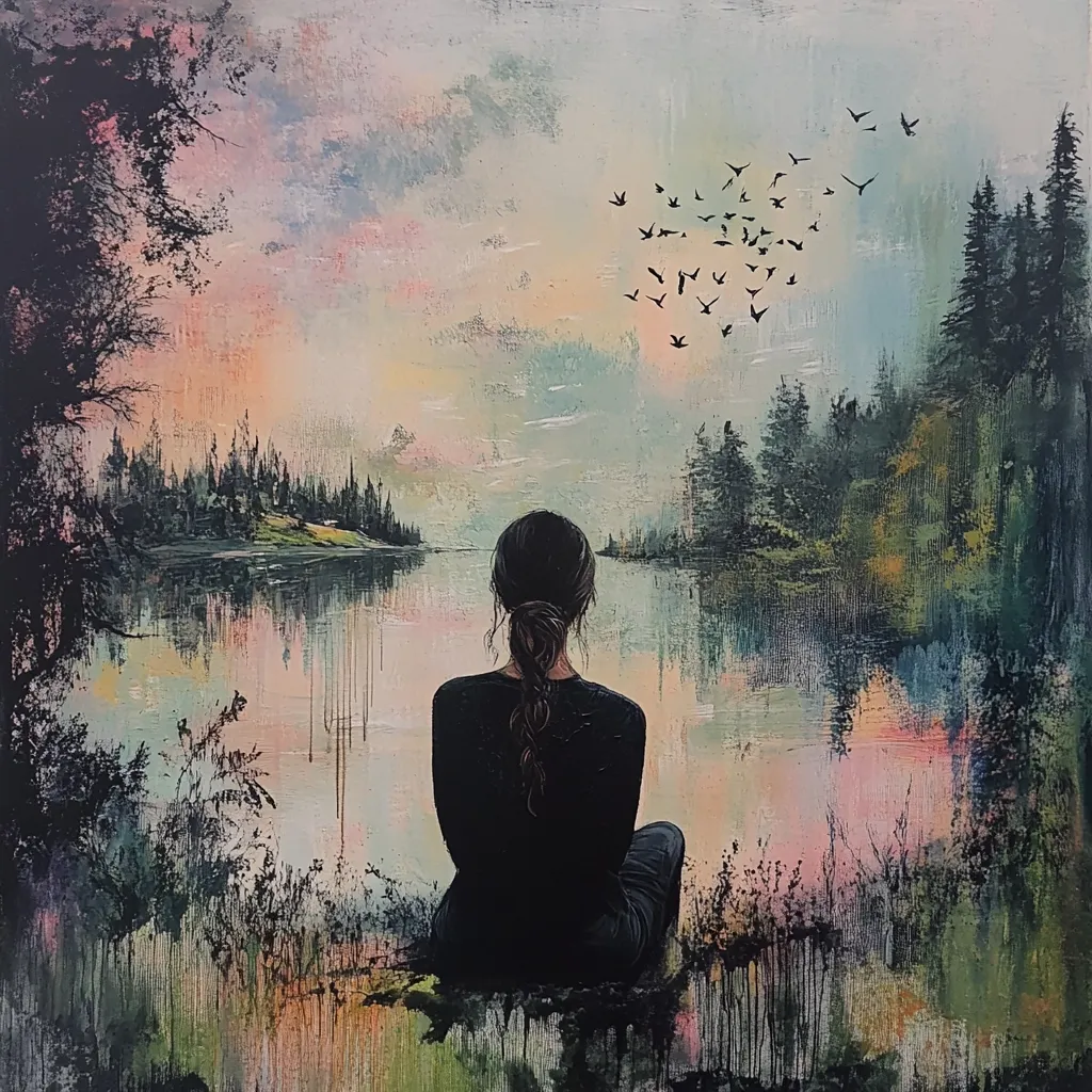 A serene painting depicts a woman sitting by a tranquil lake, her back to the viewer.  A flock of birds forms a heart shape in the pastel sky above a calm, reflective water surface.  Dark, silhouetted trees frame the scene, adding depth and tranquility to the peaceful, almost dreamlike atmosphere. The artwork evokes feelings of solitude, contemplation, and connection with nature.