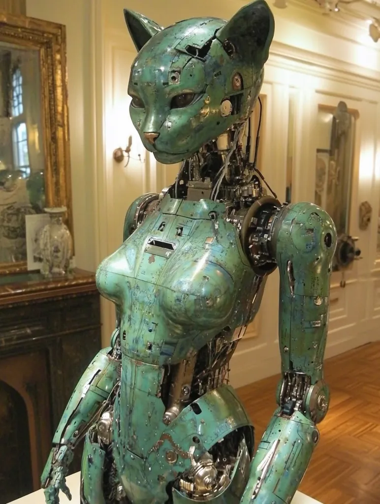 A meticulously crafted robotic sculpture, resembling a female cat, stands in an elegant, antique-filled room.  Its teal-colored metal body exhibits a weathered, aged patina, revealing intricate internal mechanisms and joints.  The cat-like head is detailed, showcasing expressive eyes and a lifelike feline visage. The robot's pose is subtly suggestive of movement, creating a captivating blend of artistry and engineering.