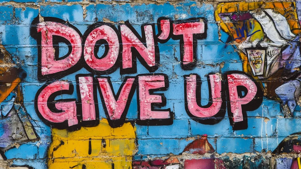 A vibrant graffiti artwork on a brick wall proclaims "DON'T GIVE UP" in bold, pink letters outlined in black.  The motivational message is surrounded by other colorful, less legible graffiti in blues, yellows, and purples, creating a dynamic and textured backdrop.  The overall effect is energetic and visually striking.