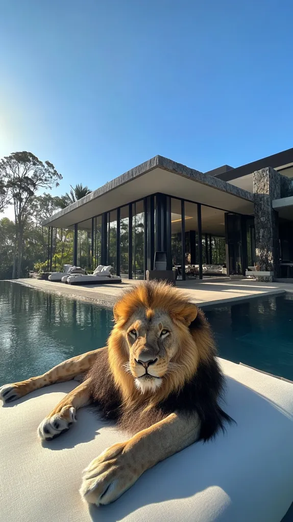 A majestic lion lounges on a luxurious outdoor chaise lounge beside a pristine infinity pool.  The backdrop features a modern, minimalist home with expansive glass windows overlooking lush tropical greenery under a clear blue sky.  The scene evokes a feeling of opulence and tranquility, showcasing a unique blend of wildlife and high-end luxury.