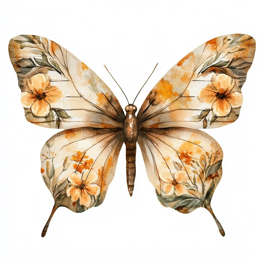 A watercolor painting of a butterfly with wings adorned with delicate orange flowers and greenery.  The butterfly's body is a deep brown, contrasting with the soft, earthy tones of its wings.  The artwork is detailed and showcases a blend of floral and insect elements in a serene and artistic style, presented against a stark white background.
