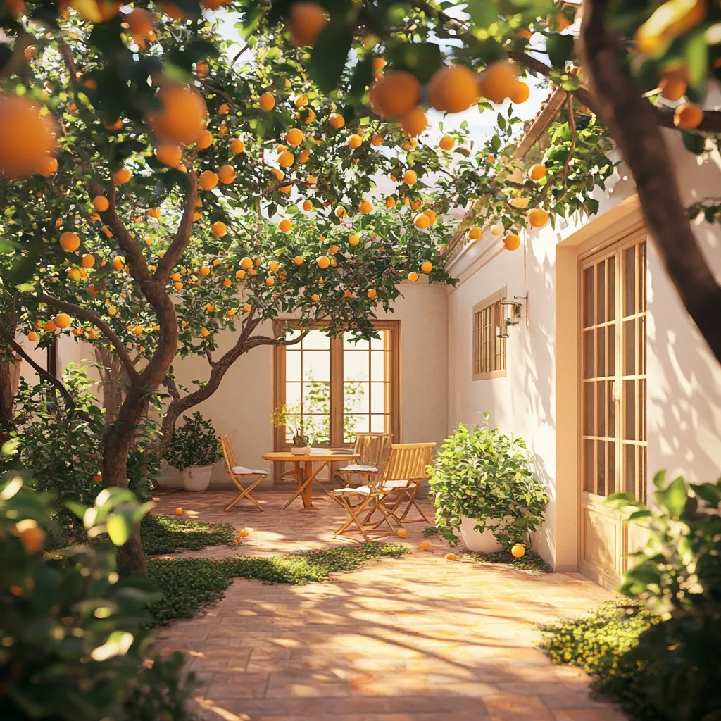 A sun-drenched courtyard features a small wooden table and chairs nestled beneath a vibrant orange tree laden with fruit.  The tranquil scene is enclosed by a white-walled building with large wooden windows and doors. Lush greenery and a stone path complete the idyllic Mediterranean-style setting.  Sunlight filters through the leaves, casting dappled shadows on the patio.