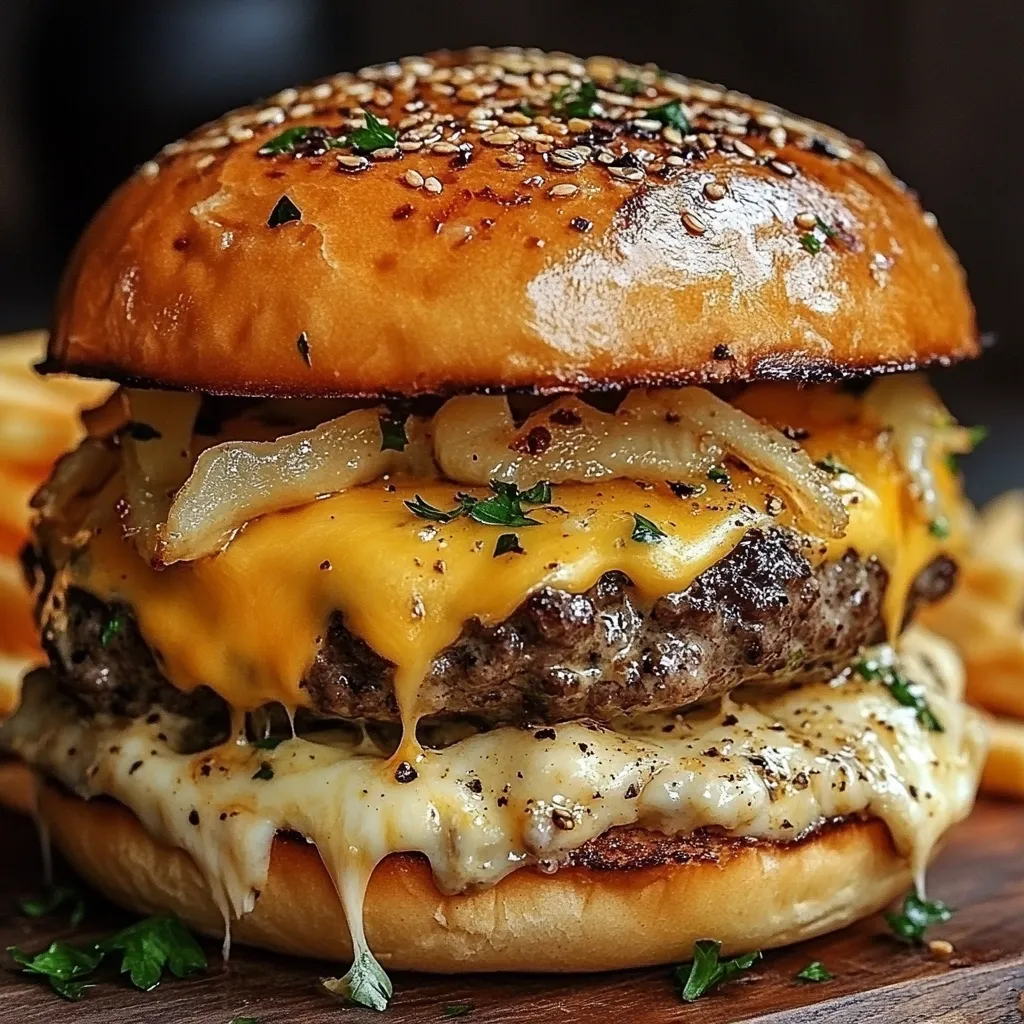 A juicy burger, featuring a perfectly seared patty, melted cheddar cheese, caramelized onions, and a creamy sauce, is nestled between two toasted sesame seed buns.  The burger is generously topped with fresh parsley, and the cheese is dripping down the sides.  The image suggests a delicious and indulgent culinary experience.