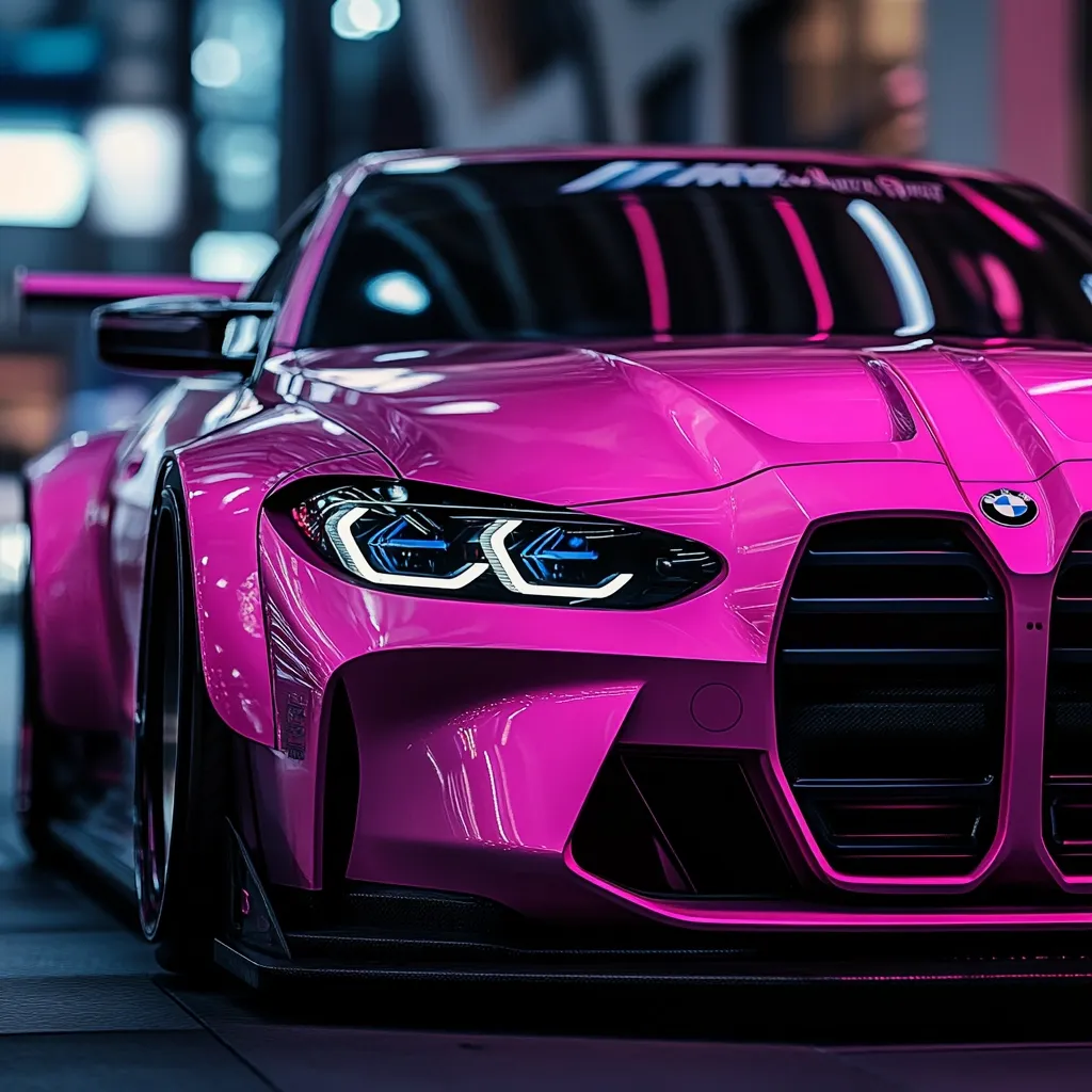 A vibrant pink BMW M4, heavily modified, dominates the frame.  Its aggressive front bumper and custom widebody kit are highlighted, showcasing intricate detailing.  The car's sleek lines and powerful headlights are emphasized against a blurred urban backdrop, suggesting speed and performance. The image focuses on the car's bold design and striking color.