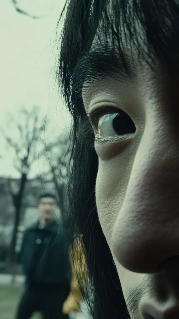 Close-up view of a person's eye and face, partially obscured by long dark hair.  The focus is sharp on the eye and nearby skin, while the background is blurry, showing a man in a dark jacket in an outdoor setting. The overall tone is dark and moody, suggesting a film still or promotional image.  A sense of mystery or suspense is evoked.