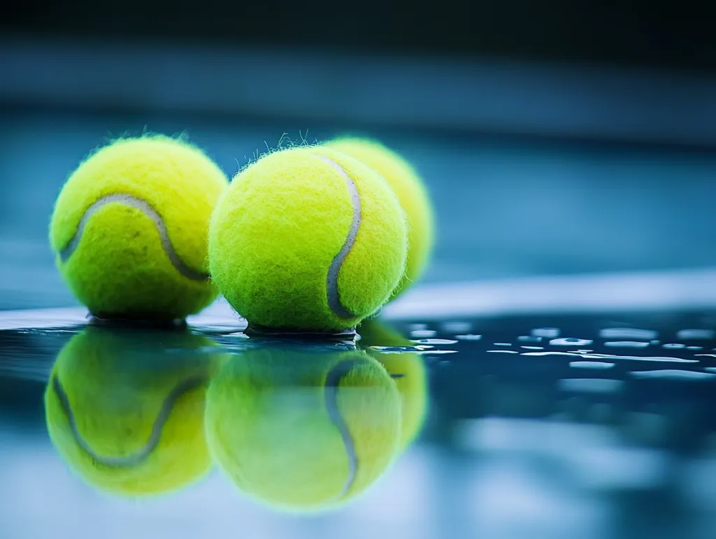 Two bright yellow tennis balls rest on a wet, dark blue surface, their reflections clearly visible in the water.  The balls are slightly out of focus, emphasizing the glistening wetness. The background is blurred, drawing attention to the tennis balls and their reflections. The overall image evokes a sense of freshness and sport.