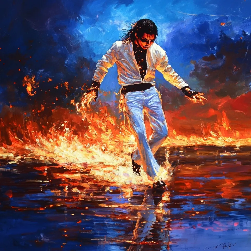 A vibrant, expressionistic painting depicts Michael Jackson seemingly walking on fire.  He's dressed in his iconic white outfit, flames swirling around his feet and hands, reflecting in the water below. The dramatic use of color and brushstrokes creates a powerful and energetic image, capturing the essence of the artist's iconic moves and persona. The background features a fiery, stormy sky, enhancing the intensity of the scene.