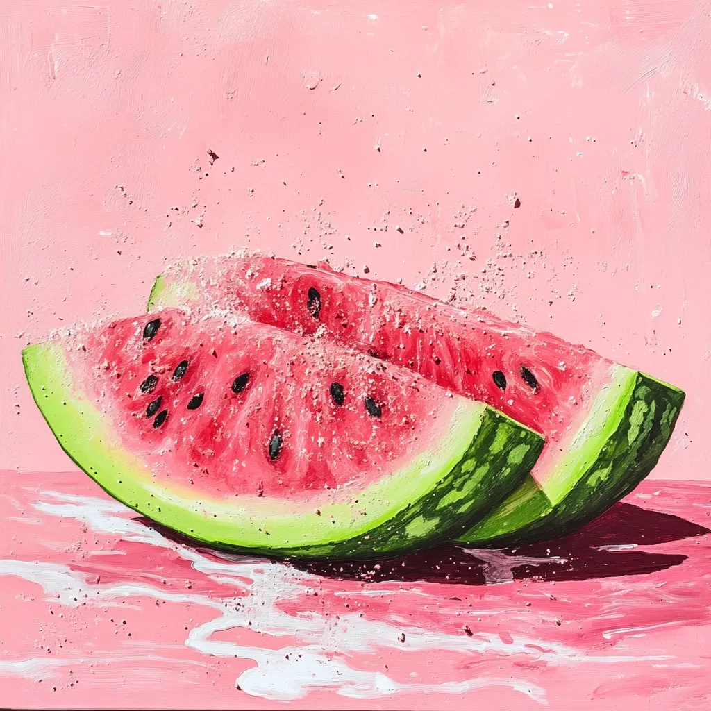 A vibrant painting depicts two juicy watermelon slices, dusted with what appears to be salt, resting on a pink surface.  The pink background is textured, with splatters of white adding to the lively feel.  The watermelon's red flesh and black seeds are richly rendered, contrasting beautifully against the green rind.  The overall style is painterly and expressive, capturing the freshness of the fruit.