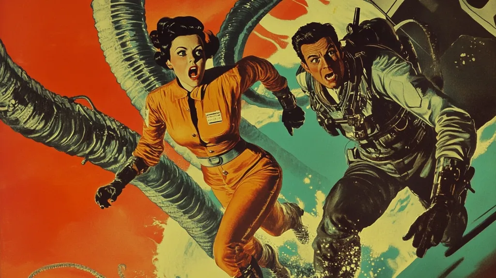A vintage science fiction illustration depicts a man and woman in futuristic attire fleeing a monstrous, tentacled creature. The woman, in an orange jumpsuit, looks back in fear, while the man, wearing a spacesuit, appears equally terrified.  They run across a teal, textured surface, suggesting an alien landscape. The vibrant colors and dynamic poses create a sense of urgency and danger.