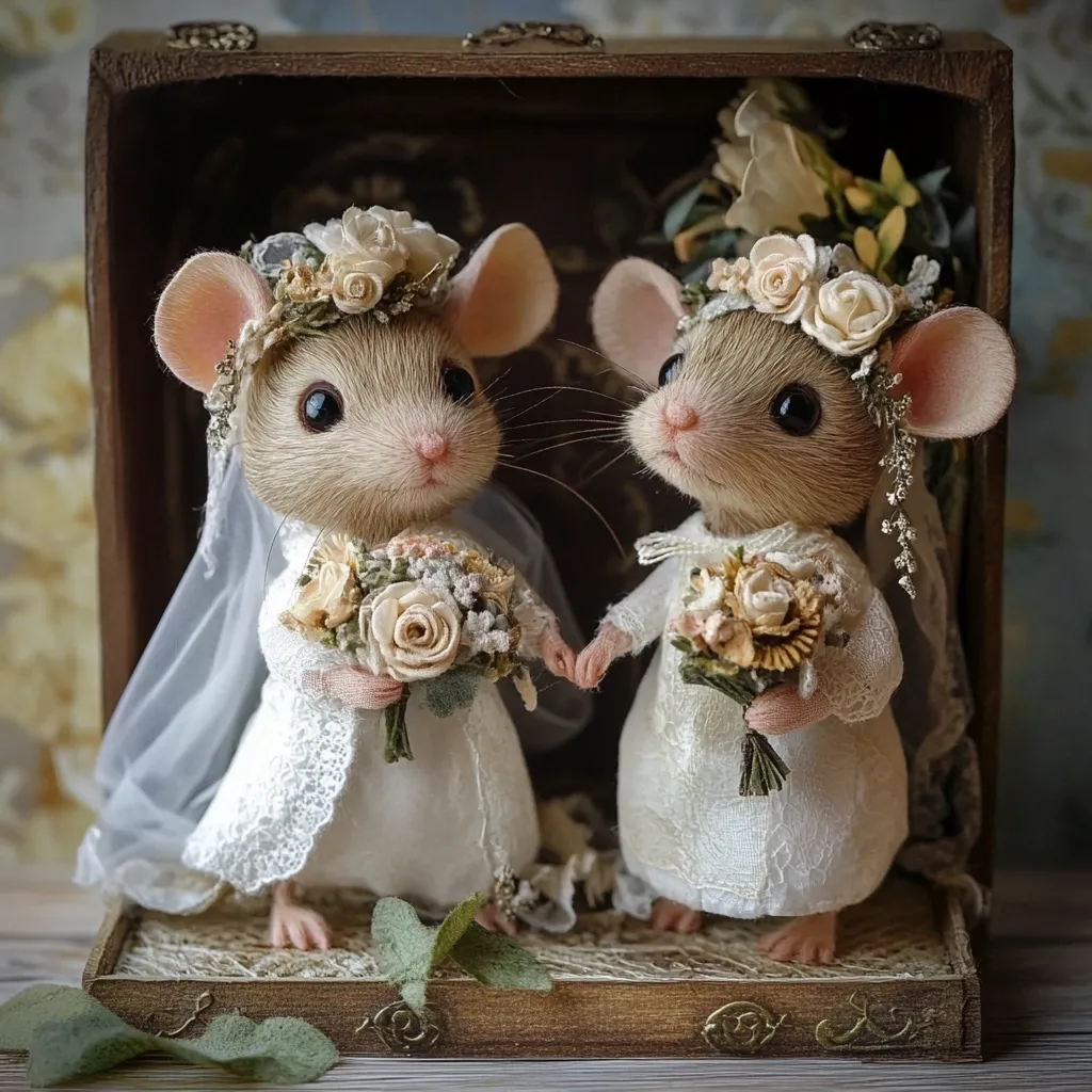 Two adorable felt mice, dressed in delicate white lace wedding gowns and floral crowns, hold hands inside an antique wooden box.  Each mouse carries a tiny bouquet of faux flowers. The scene is romantic and whimsical, evoking a charming fairytale wedding.  The soft lighting enhances the intricate details of their attire.
