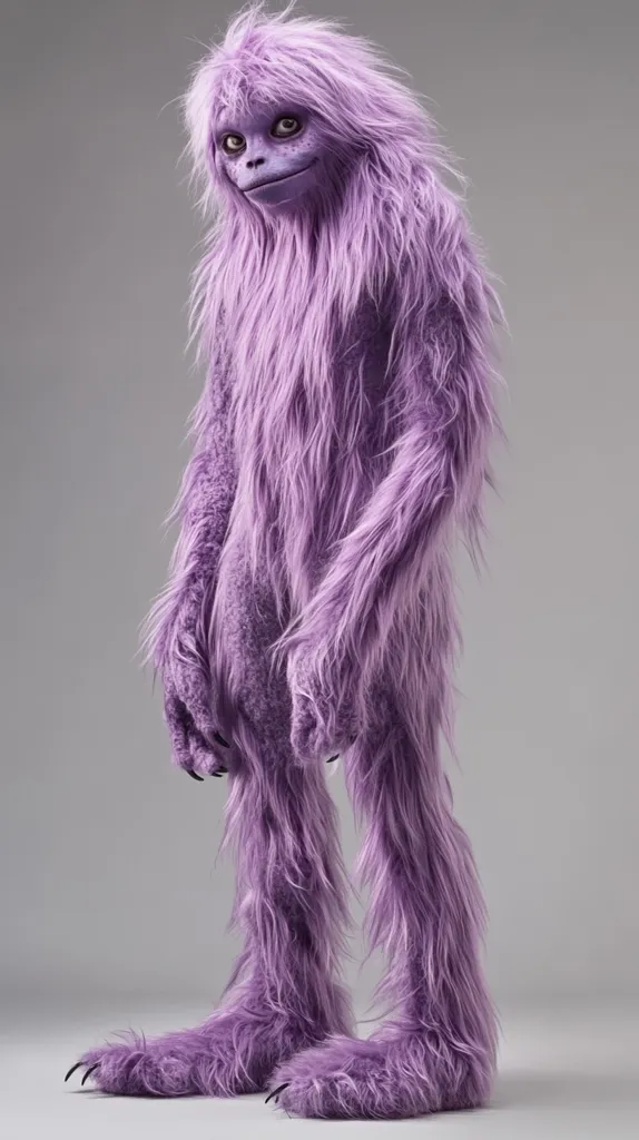 A full-length studio shot depicts a large, purple, furry creature standing against a light gray background.  The creature resembles a bipedal yeti or similar mythical beast. It has long, shaggy purple fur covering its entire body, a monkey-like face, and large feet. The creature's expression is calm and somewhat curious.