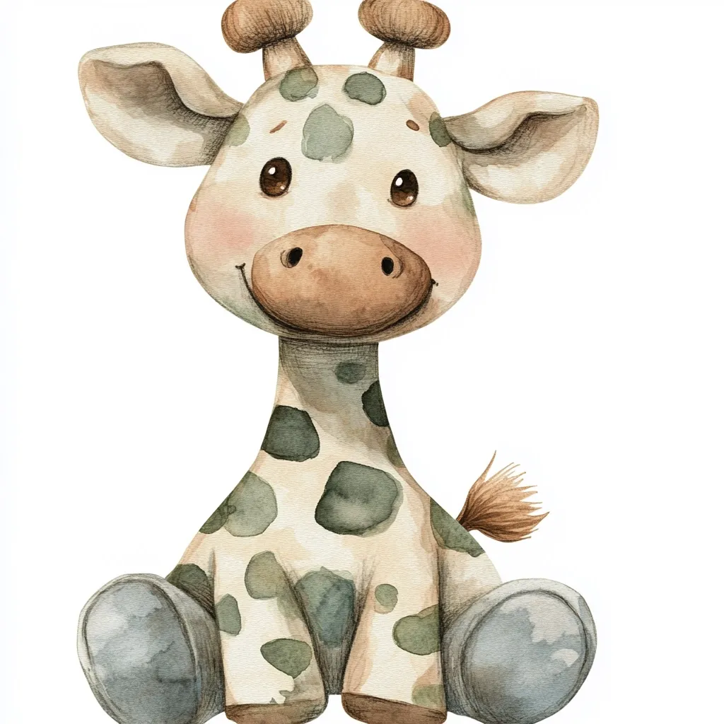 An adorable watercolor painting of a baby giraffe sitting.  The giraffe is light beige with sage green spots, large brown eyes, and small brown hooves.  It has a sweet expression and a fluffy brown tail. The overall style is cute and childlike, perfect for children's illustrations or nursery decor.