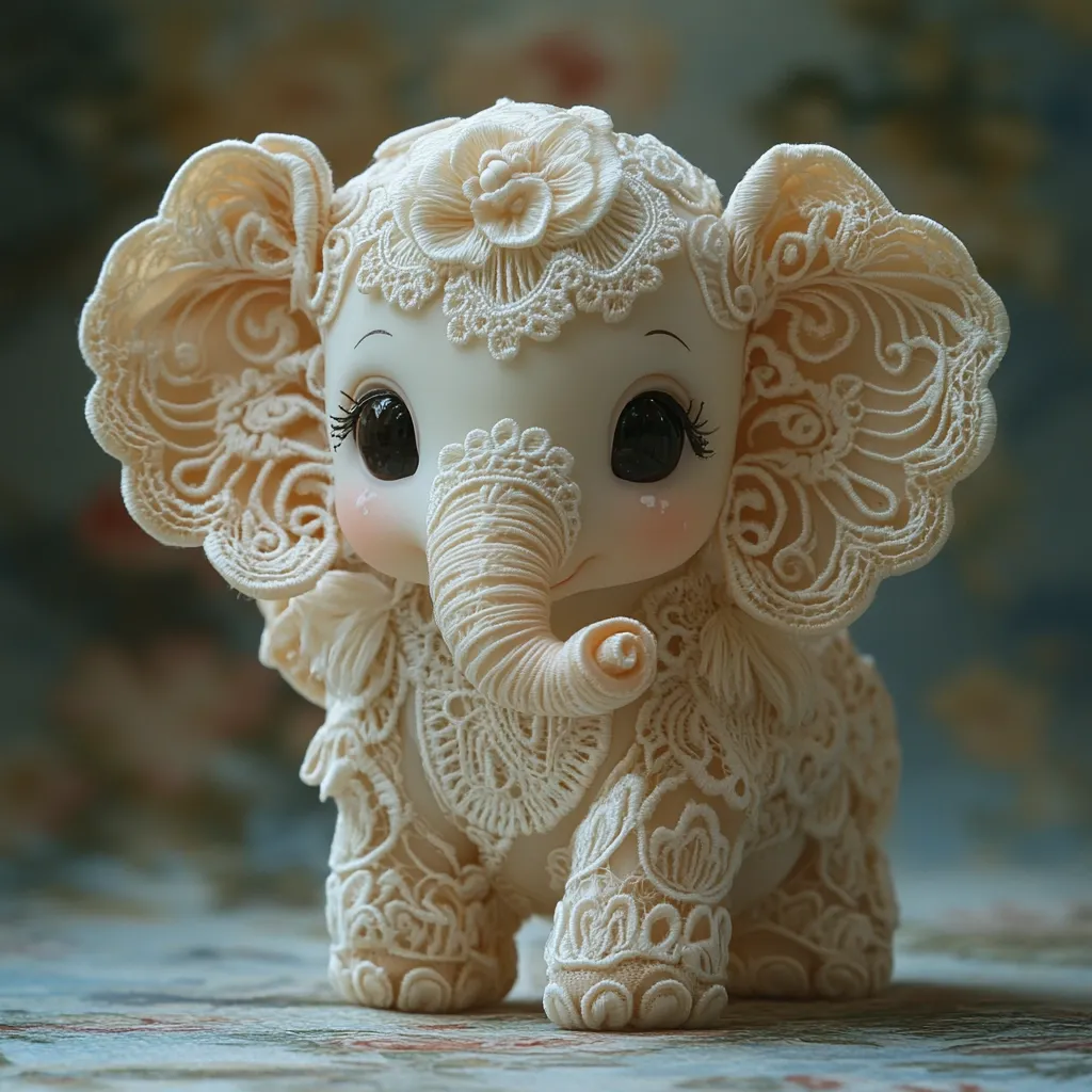 An adorable handcrafted elephant figurine is elegantly adorned with intricate lace detailing.  The off-white coloration and large, expressive eyes give it a charming, almost whimsical appearance. The lacework covers its body and large ears, adding a delicate texture and feminine touch.  The figurine's design is sophisticated and meticulously crafted.