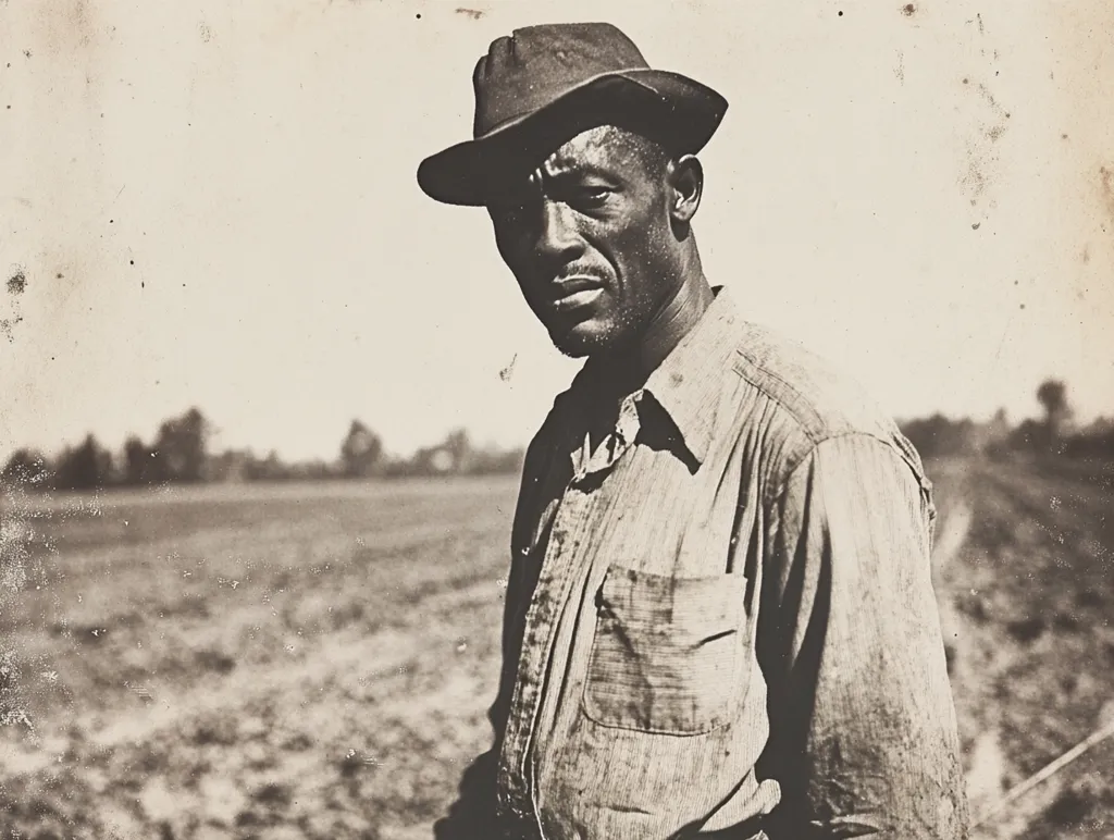 A black and white portrait captures a Black man, possibly a farmer, standing in a field. He wears a worn work shirt and a felt hat, his gaze directed at the viewer. The photograph's sepia tone and textured background suggest age, hinting at a historical context, likely depicting the life of an agricultural worker in the early to mid-20th century.  The background is softly focused, drawing attention to the subject's serious expression.