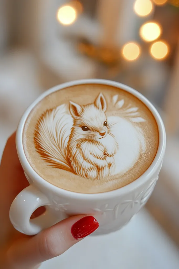 A hand holds a cup of cappuccino featuring intricate latte art of a squirrel.  The squirrel is delicately depicted in the creamy foam, with fine details in its fur and posture.  The cup is white with subtle embossing, and the background is softly blurred, showcasing warm, bokeh-like lights.  The overall image is aesthetically pleasing and evokes a sense of warmth and comfort.