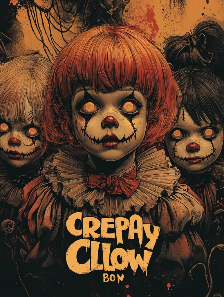A dark, stylized artwork depicts three creepy dolls, their faces painted like sinister clowns with glowing orange eyes.  The central doll, with vibrant red hair, dominates the image.  The title "CREPAY CLOW" is prominently displayed in a distressed, orange font, adding to the unsettling atmosphere.  The overall style evokes a horror aesthetic.