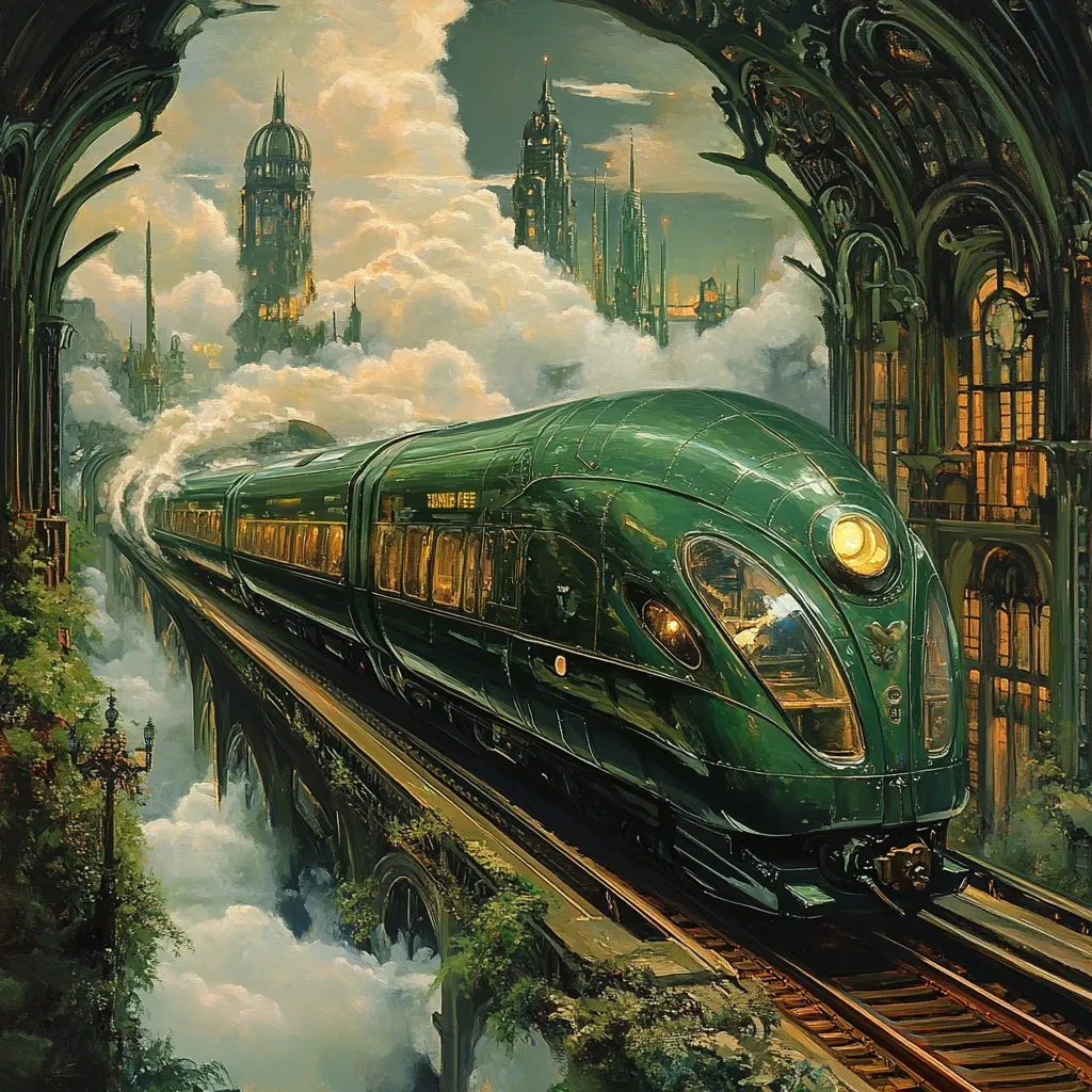 A majestic, emerald-green streamlined train, labeled "Tung Fee," traverses an elevated track amidst a fantastical cityscape shrouded in clouds.  Ornate, gothic-style architecture frames the scene, creating a surreal and atmospheric setting.  The train's sleek design and the city's towering structures evoke a sense of grandeur and wonder, reminiscent of Art Deco and steampunk aesthetics.  The overall composition is rich in detail and evocative of a dreamlike journey.