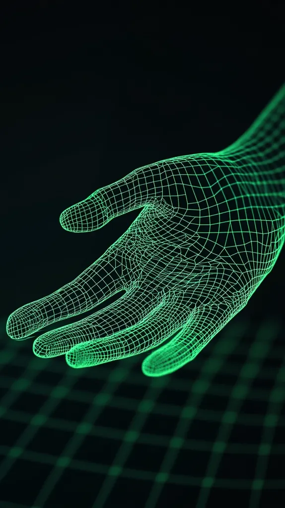 A digital rendering of a human hand depicted as a glowing green wireframe.  The hand is open, palm facing upwards, as if offering or receiving something.  It rests above a grid-like surface, suggesting a technological or digital environment. The image evokes a sense of futuristic technology and connection.