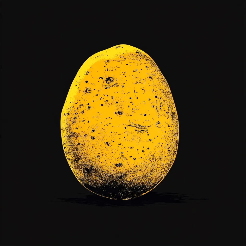 A stylized illustration of a single potato, rendered in a vibrant yellow against a stark black background.  The potato is depicted with a detailed, textured surface, suggesting its rough skin.  The image uses a stippled or pointillist technique, creating a visually striking contrast between the bright potato and the dark backdrop.  The overall style is minimalist yet impactful.