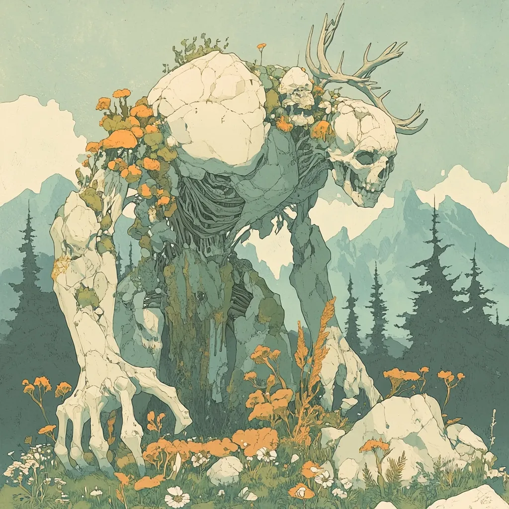A colossal skeletal figure, composed of stone and bone, stands amidst a mountain landscape.  Its form is adorned with antlers and vibrant orange fungi.  The creature's skeletal structure is partially obscured by rock formations, creating a blend of organic and inorganic elements. Wildflowers and greenery flourish at its feet, contrasting the starkness of its form against the serene backdrop of distant peaks and evergreen trees.  The style is evocative of fantasy art, blending elements of the macabre and the natural world.