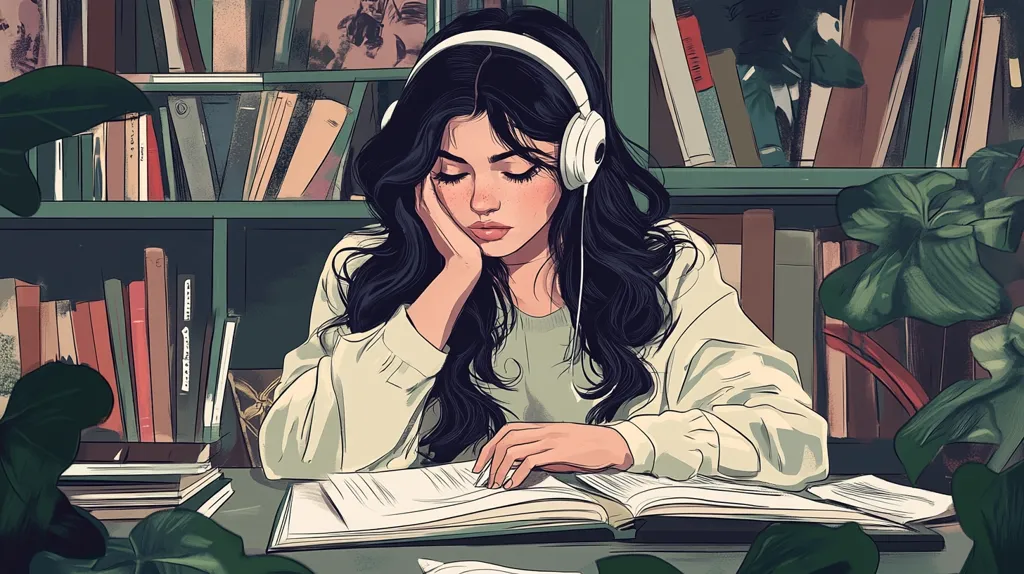 An illustration depicts a young woman with long dark hair wearing white headphones, leaning her cheek on her hand while studying an open book. She sits at a desk surrounded by bookshelves filled with numerous books and potted plants. The setting is serene and studious, with a color palette dominated by muted greens and creams. The style is reminiscent of digital art, focusing on details and soft lines.
