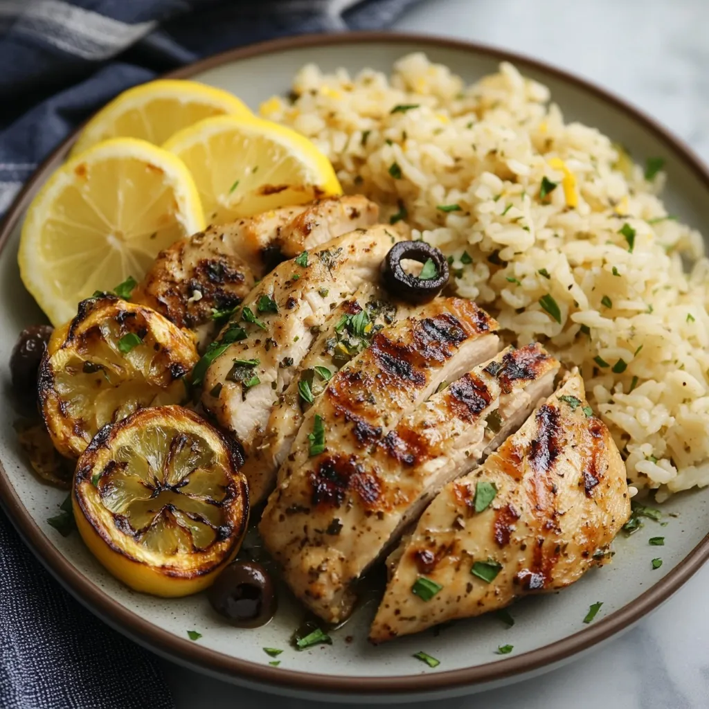 A plate of grilled lemon herb chicken breast is sliced and served with lemon wedges, grilled lemon halves, Kalamata olives, and a side of seasoned rice.  The chicken is seasoned with herbs and has grill marks visible.  The dish looks flavorful and healthy.