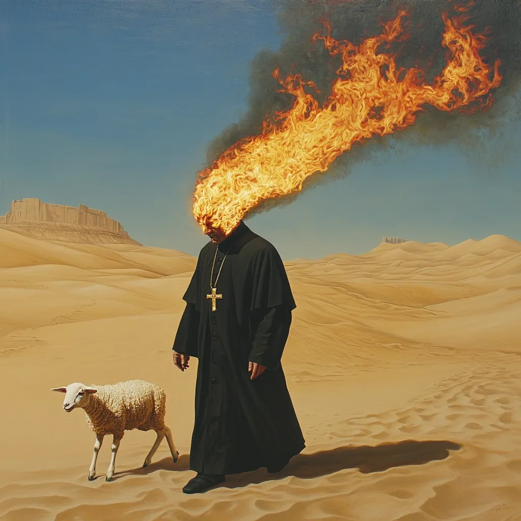 A surreal painting depicts a priest in a desert landscape, flames emanating from his head like a halo.  He walks alongside a single white sheep, toward distant sand dunes and a faint structure resembling a castle. The priest's black robe contrasts with the fiery orange and the sand's golden hue.  The scene is dreamlike and suggests spiritual struggle or sacrifice.