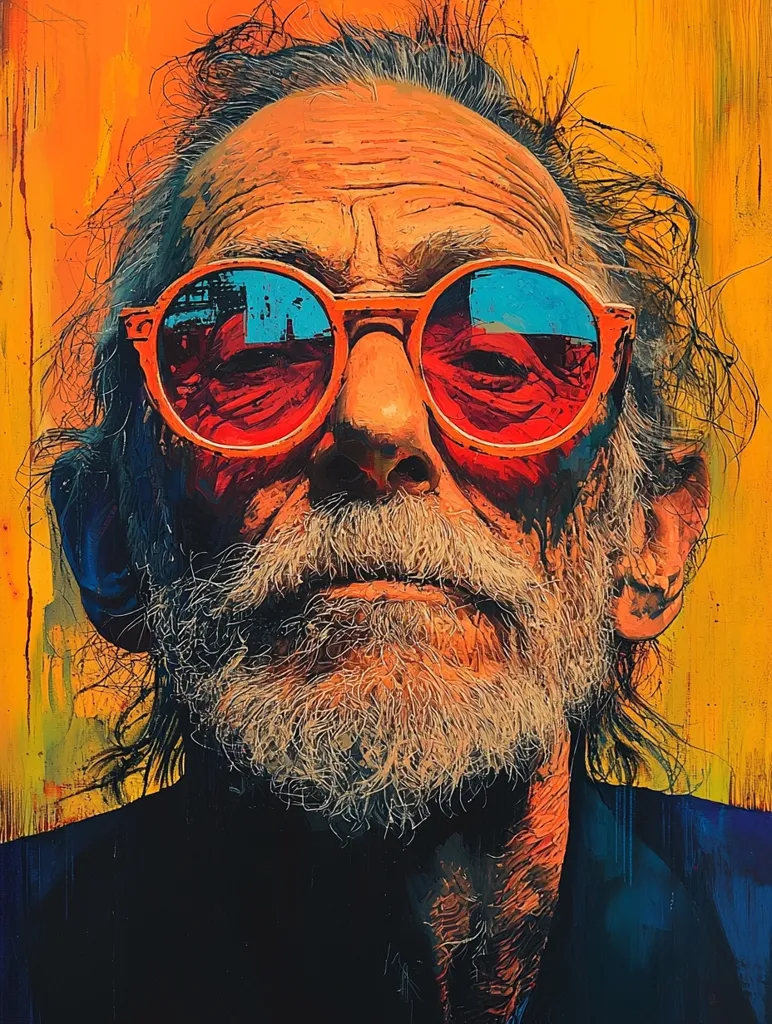 A stylized portrait of an elderly man with long, gray hair and a full beard. He wears large, round, orange-framed sunglasses reflecting a blue sky. The painting's style is expressive and vibrant, with bold colors and visible brushstrokes, predominantly oranges and blues against a yellow background.  The man's face displays a calm, contemplative expression.