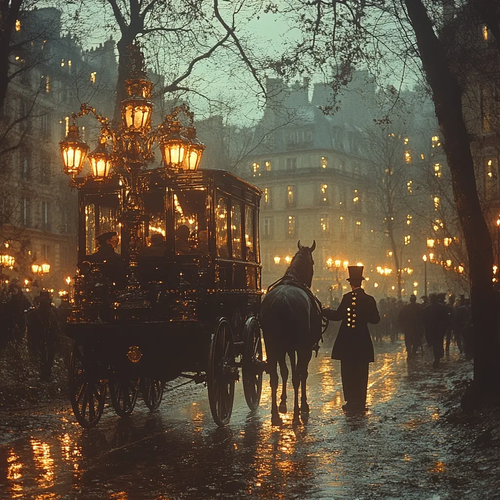A horse-drawn carriage, elegantly lit by ornate lamps, travels down a rain-slicked Parisian street at dusk.  Gaslights illuminate the buildings lining the avenue, reflecting in the wet cobblestones. A gentleman in a top hat stands beside the carriage, adding to the scene's old-world charm. The atmosphere is romantic and nostalgic, evoking a bygone era.