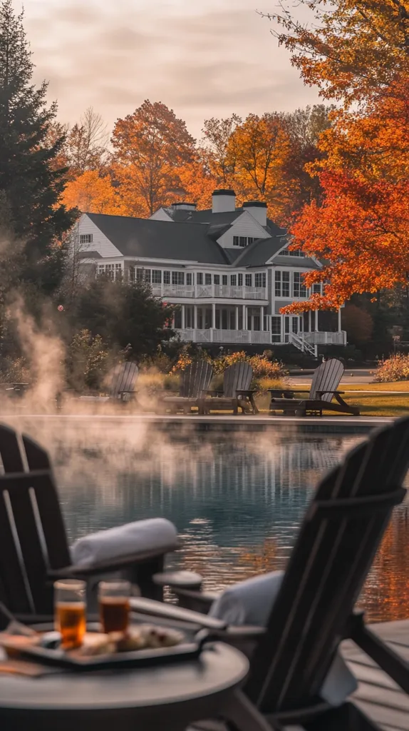 A serene autumn scene unfolds at a luxurious resort.  A large, white, colonial-style house stands majestically amidst vibrant fall foliage.  A steaming, tranquil pool sits in the foreground, with comfortable Adirondack chairs surrounding it.  Two drinks rest on a nearby table, suggesting a moment of peaceful relaxation and enjoyment of the picturesque setting. The overall atmosphere is one of calm and opulent comfort.