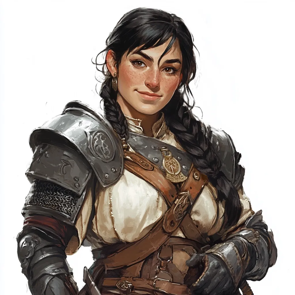 A young woman with freckles and dark hair braided down her back smiles slightly. She wears a cream-colored tunic under grey and brown armor, including pauldrons and chainmail.  Leather straps and a decorative metal pendant adorn her chest.  Her expression is confident and approachable, suggesting a blend of strength and kindness.  The style is reminiscent of fantasy artwork.