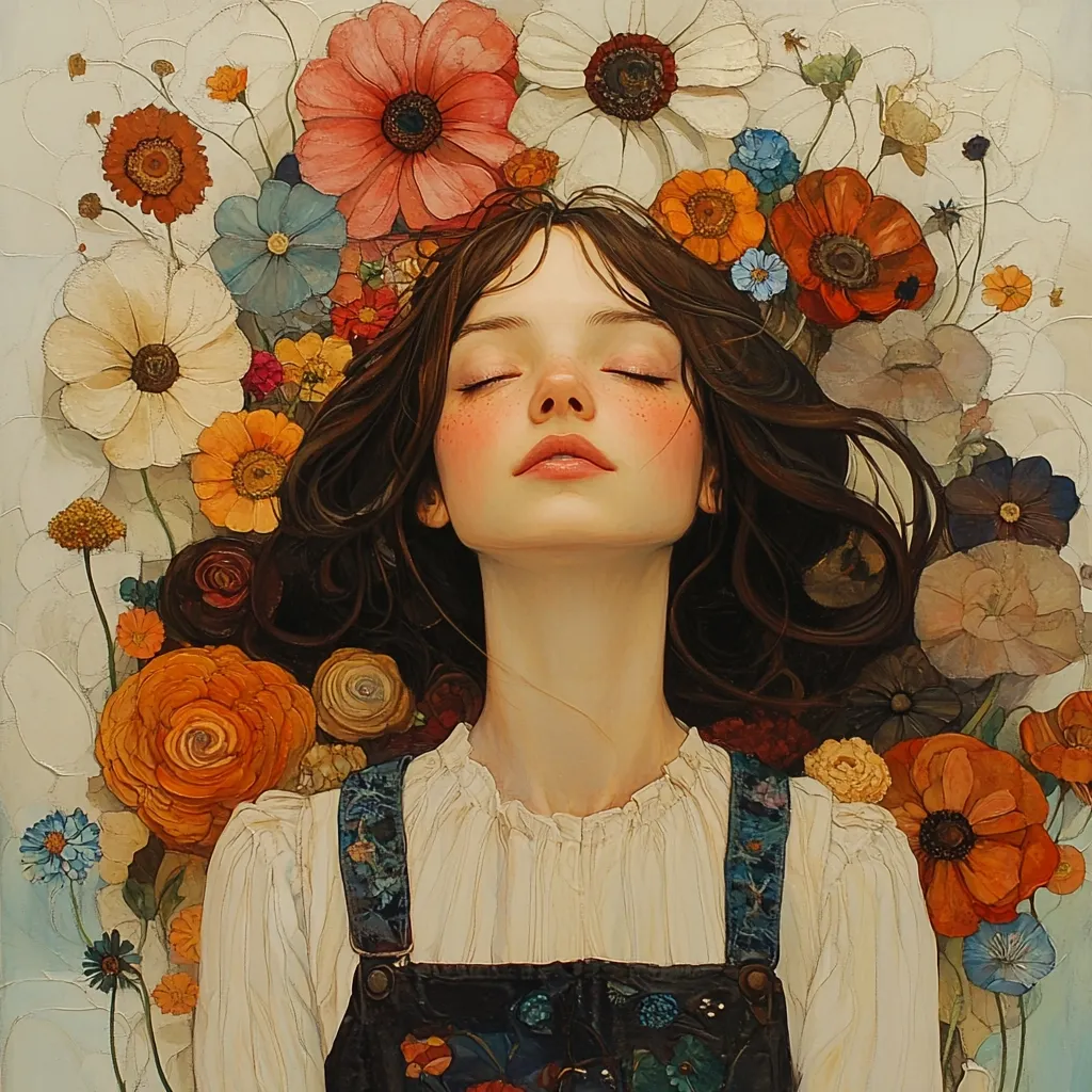 A young woman with dark brown hair lies serenely amidst a vibrant profusion of flowers. Her eyes are closed, and her expression is peaceful.  She wears a cream-colored blouse over dark overalls adorned with floral embroidery. The flowers surrounding her are a mix of colors and varieties, creating a rich and dreamy atmosphere. The painting style is realistic with a touch of romanticism.