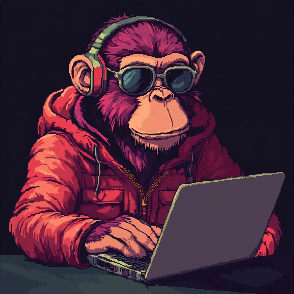 A pixel art illustration depicts a cool chimpanzee wearing red hooded jacket, sunglasses, and headphones.  The chimp sits at a table, intently focused on a laptop. The artwork's style is reminiscent of 8-bit video game graphics, with a dark background emphasizing the vibrant colors of the subject. The overall impression is one of stylish, casual coolness.